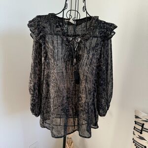 Lovestitch Sheer Chiffon Animal Print Tassel Tie Ruffle Blouse Medium